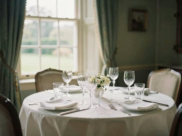 An elegant dining table set in a sunlit historic Kentish manor, crystal glassware catching soft window light, warm editorial look