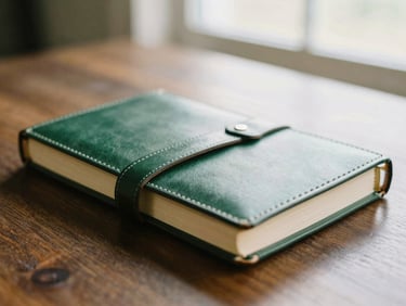 Close-up of a premium leather-bound journal on a dark oak table, warm natural side light, shallow depth of field