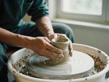 A potter's hands shaping a warm clay vessel on a spinning wheel, soft dust particles in natural window light, 35mm film aesthetic