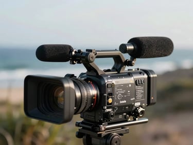 Detalhe de câmera de vídeo profissional e microfone de lapela posicionados para entrevista jornalística ao ar livre, com o mar da Costa Verde desfocado ao fundo, luz da manhã.
