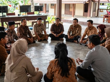 Foto dokumentasi rapat musrenbang desa di balai desa Mekarwangi, warga duduk melingkar berdiskusi aktif dengan perangkat desa, pencahayaan alami.