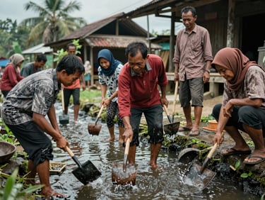 Foto warga bergotong royong membersihkan saluran air di pinggir jalan desa, beberapa warga membawa cangkul dan tersenyum.