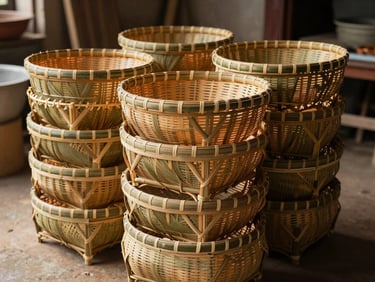 Medium shot of finished elegant bamboo baskets stacked neatly in a warm, sunlit village workshop