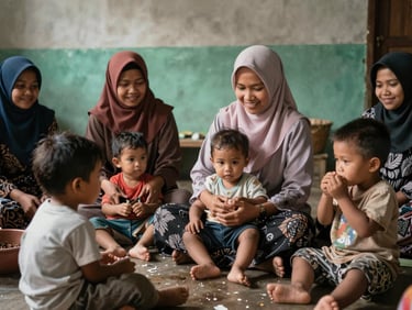 Foto ibu-ibu kader posyandu Mekarwangi sedang menimbang balita di teras rumah warga, suasana hangat penuh senyum.