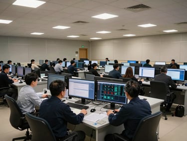 Wide shot of a government operations center, analysts seated at workstations with classified-looking system screens under controlled overhead lighting, structured desk arrangement showing institutional scale, no identifying signage