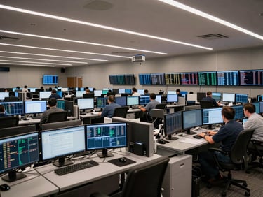 Interior of a modern financial trading floor photographed from a wide angle, rows of multi-monitor workstations with market data feeds, neutral overhead lighting, no people visible, shot to emphasize operational infrastructure and data density