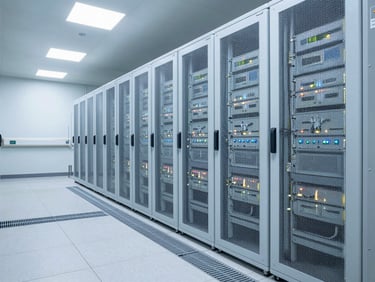 Hospital data center corridor photographed wide, server racks with clinical-white casings and indicator lights, clean floor with cable management channels, cool neutral fluorescent overhead lighting, no people visible, emphasizing infrastructure precision in a healthcare environment