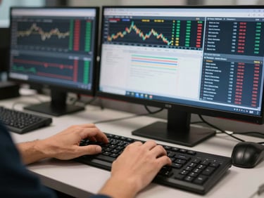 Close-up of hands operating a financial trading terminal with multiple screens showing market data feeds and system status indicators, neutral office lighting, no faces visible, focus on the operational interface