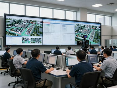 Wide shot of a manufacturing facility control room, engineers seated at monitoring stations with production floor dashboards displayed on large wall screens, neutral daylight through high windows, camera positioned from behind showing both operators and screens simultaneously