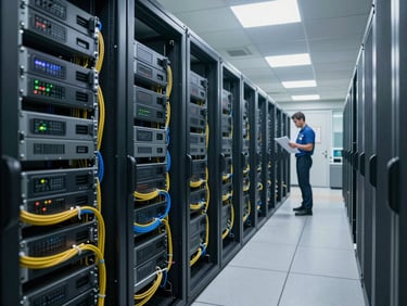 Wide shot of a hospital data center corridor with rack-mounted servers under cool fluorescent lighting, cables organized in structured runs, a technician in the background reviewing printed documentation, no patient areas visible