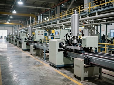 Environmental photograph of an industrial manufacturing plant floor, automated assembly equipment and conveyor systems under overhead industrial lighting, control panels visible in the mid-ground, wide angle showing operational scale