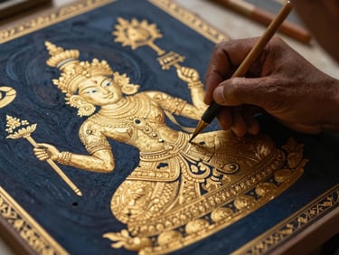 Close-up of a master artisan painting fine gold leaf details on a traditional Tanjore painting, warm side-lighting, deep navy and gold undertones, professional and authentic, 35mm