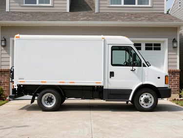 Clean service truck parked in a Galesburg residential driveway with a newly installed modern steel garage door visible in bright daylight