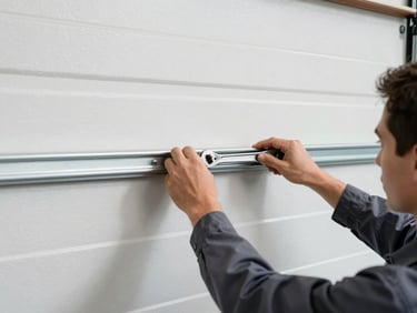 Close-up of a professional technician in a clean uniform adjusting a steel garage door track with a wrench, clear interior garage lighting