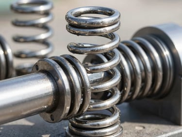 Macro shot of a heavy-duty steel torsion spring mounted on a metal shaft, high-contrast industrial details, sharp focus, bright natural daylight