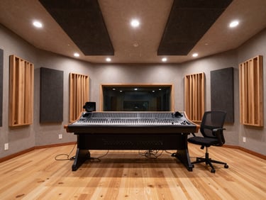 Architectural photography of a modern recording studio in Jakarta, clean sharp lighting, deep charcoal acoustic diffusers, warm wood tones, wide-angle interior lens, highly detailed textures, professional editorial style.