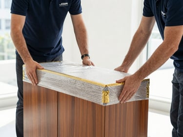 A close-up of professional uniformed movers carefully wrapping a polished wooden cabinet with protective gold-accented bubble wrap in a bright JBR apartment, 35mm editorial.