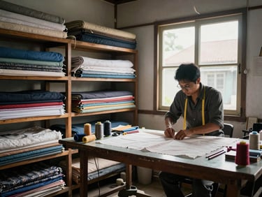 Wide shot of a small Indonesian workshop interior, bolts of fabric stacked on shelves to the left, a tailor's hands pinning cloth on a table under soft daylight from a side window, tools and thread spools visible on the surface
