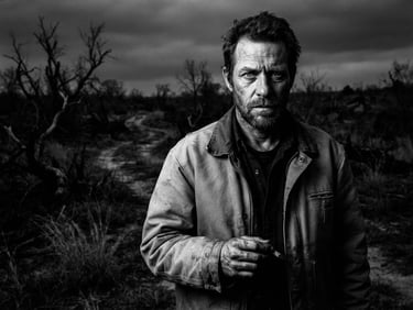 Gritty black and white portrait of the artist in a desolate southern landscape, high-contrast chiaroscuro lighting, deep shadows, 35mm film grain