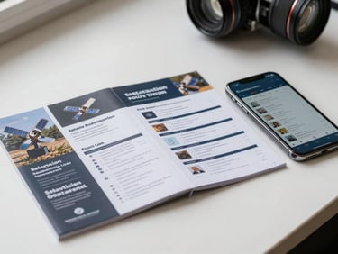 Close-up overhead shot of a spread of satellite radio subscription plan brochures and a smartphone showing a pricing comparison screen on a clean white desk, natural daylight from the left