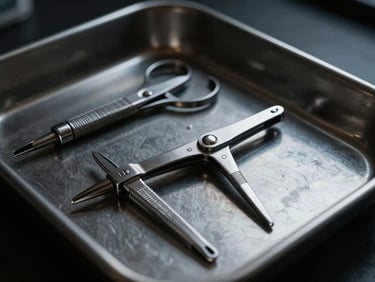 Moody dark-mode photography, sterile stainless steel tattoo tools neatly arranged on a dark metal tray, dramatic side-lighting