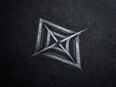 Moody dark-mode photography, macro shot of a graphite sketch of a geometric tattoo design on textured black paper