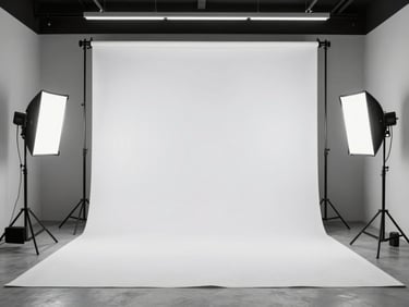 Wide shot of a clean, minimalist photography studio setup inside a luxury venue, professional strobe lights, white backdrop, no clutter.