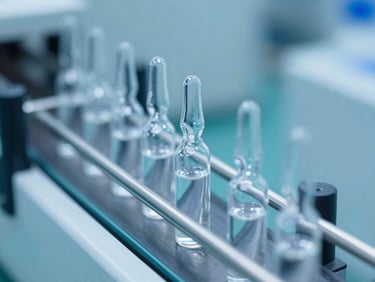 Macro shot of sterile ampoules on an automated conveyor line under cold blue cleanroom light, 35mm