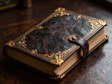 Close-up of an ancient, leather-bound journal with intricate gold tooling, resting on a dark wooden desk, dramatic chiaroscuro lighting, macro lens