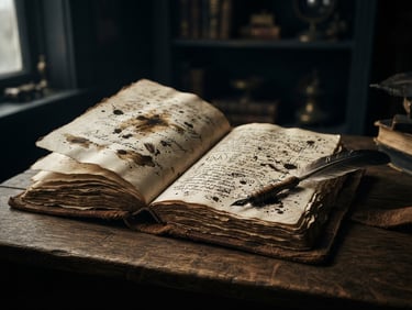Ancient leather-bound journal open to an ink-stained page, a quill resting beside it, dramatic chiaroscuro lighting, dark charcoal and antique gold tones, macro lens, 35mm, wide cinematic frame.