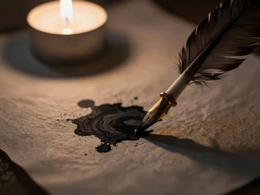 High-contrast macro shot of ink drying on parchment, quill pen in the foreground, soft single-source candle light, deep shadows, 35mm