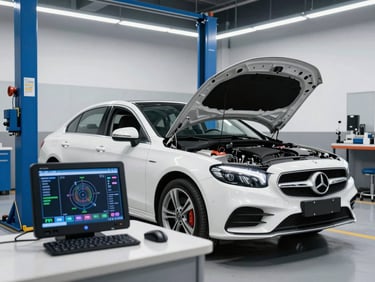 A spotless, modern auto repair bay with a diagnostic tablet displaying engine telemetry next to an open hood of a clean European sedan, bright LED lighting, cool metallic tones with blue accents, sharp focus, 35mm lens