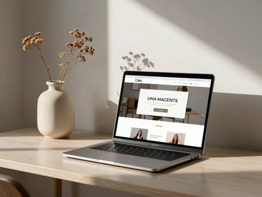 Uma mesa de trabalho minimalista e ensolarada, com um notebook aberto exibindo uma interface de site limpa e elegante, ao lado de um vaso de cerâmica com flores secas.