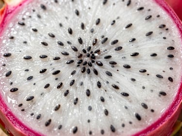 Macro close-up of exotic dragonfruit sliced in half showing white flesh with black seeds, glistening texture, bright sunlight