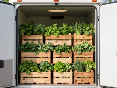 A clean, modern refrigerated delivery truck with open back doors revealing neatly stacked, organized wooden crates of fresh green herbs, bright morning light