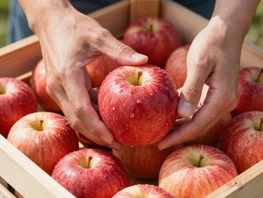 Close-up of farmer hands carefully inspecting a perfectly round, vibrant red apple in a clean wooden crate, bright natural light