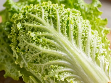 Macro close-up of freshly harvested crisp Roman lettuce leaves with water droplets, shallow depth of field