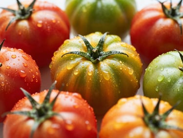 Macro close-up of heirloom tomatoes of various colors with glistening dew drops, bright natural morning light