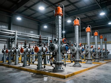 Wide panoramic environmental shot of an industrial facility substation, dramatic high-contrast warehouse lighting, cool metallic tones with safety orange accents, sharp focus