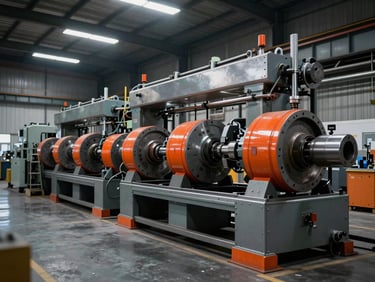 Industrial photography, dramatic high-contrast warehouse lighting, cool metallic tones with safety orange accents, sharp focus, 35mm. Wide environmental shot of heavy machinery maintenance inside a modern factory.