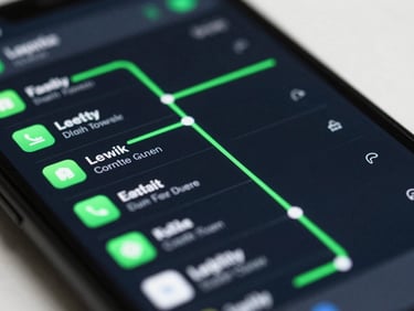 Macro shot of a mobile device displaying a dark-mode logistics dashboard with electric green route lines, glowing neon accents, sharp focus