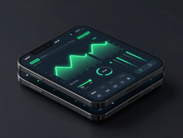 Isometric stack of mobile app screens displaying glowing neon biometric charts and dark-mode health metrics, dark studio backdrop