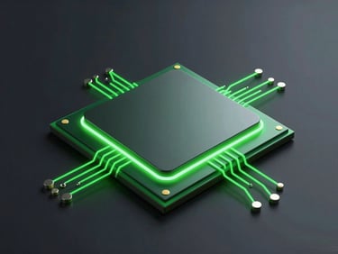 Sleek 3d digital render of a high-performance Android processor glowing with neon green circuits, dark charcoal background, isometric perspective, extreme close-up