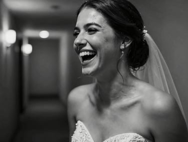 Candid close-up of a bride laughing in a dimly lit hallway, motion blur, black and white, cinematic flash lighting, high-contrast.