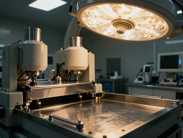 Extreme close-up of high-tech cleanroom equipment, clinical steel, sterile lighting, 35mm.