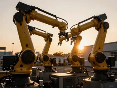 Dramatic high-contrast close-up of advanced industrial machinery, robotic arms, golden hour light, 35mm.