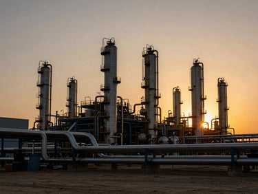 Sweeping wide-angle shot of a modern petrochemical refinery at sunset, industrial steel pipes, golden hour sky, 35mm.