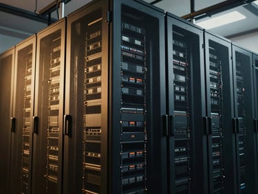 Abstract close-up of server racks in a modern data center, architectural geometry, warm sand accents, 35mm.