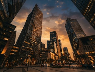 Low-angle cinematic wide-angle shot of Riyadh's financial district at sunset, dramatic golden hour light casting long shadows across geometric steel facades, 35mm.