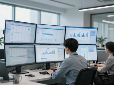 Modern corporate office environment, a financial analyst reviewing data on multiple screens, clean and high-key lighting, cool blue and slate gray tones, professional editorial